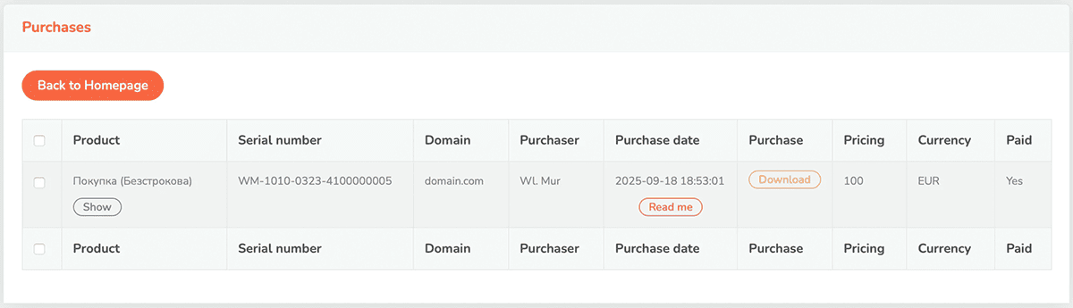 List of purchased WordMagic CMS products in the user dashboard