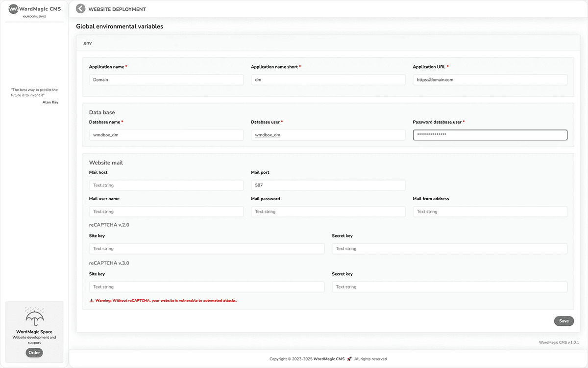 WordMagic CMS installer form with website and database fields